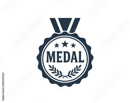 Stylized medal with ribbon and laurel wreath design on white background