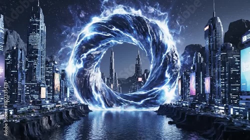 Futuristic cityscape with glowing energy vortex over reflective water at night