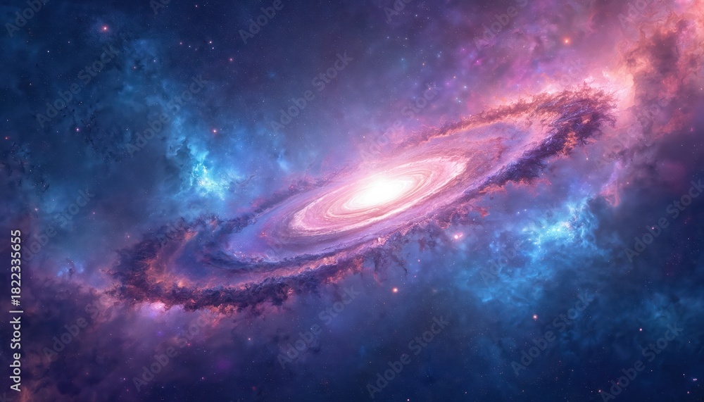 Fototapeta premium Vibrant spiral galaxy swirls with bright core in deep space. Colorful nebula clouds, stars fill cosmic sky. Abstract universe illustration shows galactic beauty, mystery. Blue, purple, pink, orange