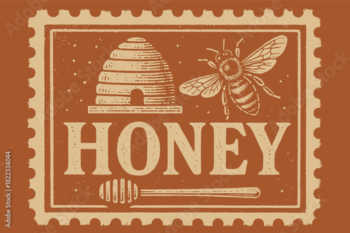 Vintage honey label with beehive and bee for rustic packaging design