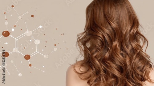 A woman's back view showcases healthy, wavy brown hair against a backdrop of a complex chemical formula.