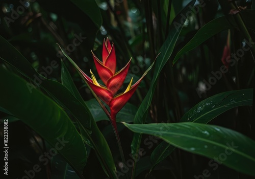 Close-up view of a spectacularly vibrant red and yellow tropical bloom nestled deep within the dense, emerald green jungle foliage ,environment ,nature ,growth