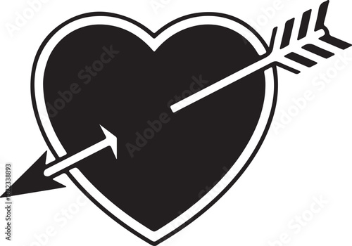 Heart pierced by an arrow, a timeless symbol of love, romance, and passion, depicted in a striking black and white vector illustration.