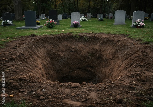 Deep, freshly dug excavation pit in soft earth within a quiet burial ground, symbolizing loss, transition, or preparation for interment ,interment ,graveyard ,empty