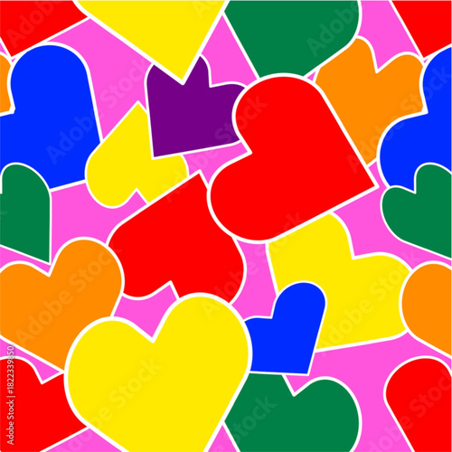 Bright and colorful seamless pattern with interlocking, irregularly shaped hearts in a full rainbow of colors (red, blue, green, yellow, orange, purple) on a vivid pink background.