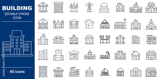 Building and Architecture Vector Icons. Set of 40 editable stroke symbols for real estate, city structures, and construction. Includes skyscrapers, houses, and factories