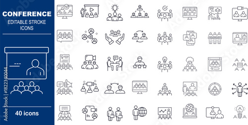 Conference and Meeting Presentation Vector Icons. Set of 40 editable stroke symbols for events, networking, and public speaking. Includes audience, presentation screen, and microphone