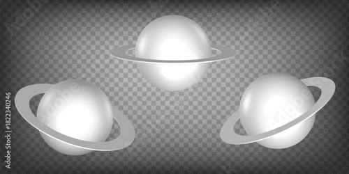 Blank sphere in the ring collection 3d symbols on transparent background. Saturn sign 3D icon illustration with different views and angles. Graphic elements for your design. EPS 10