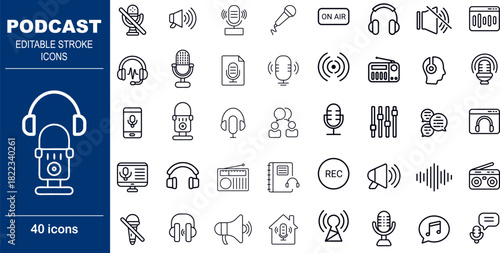 Podcast and Audio Recording Vector Icons. Set of 40 editable stroke symbols for broadcasting, recording, and media. Includes microphone, headphones, and sound waves