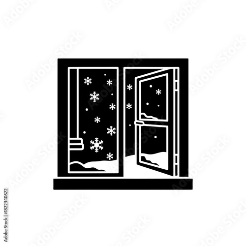 Open window with snowflakes in winter scenery icon