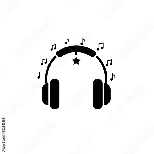 Vector icon of headphones with musical notes representing sound