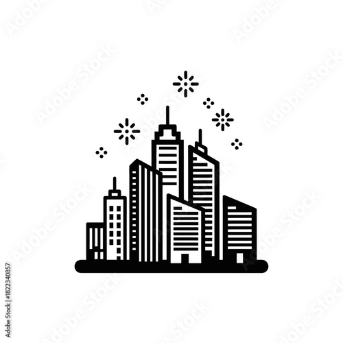 Vector icon of modern city skyline with fireworks display