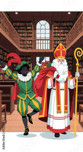 Sinterklaas greeting card. Festive day in Netherlands, Belgium. Saint Nicholas and Zwarte Piet on Dutch city. Holland holiday Celebration concept for children european party in day five december