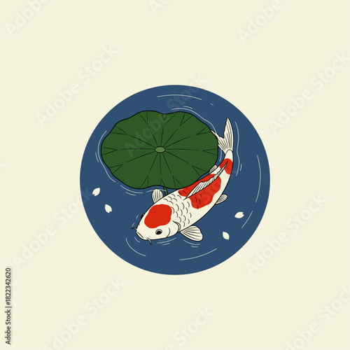 Japanese koi fish swimming under lotus leaf icon flat vector design.