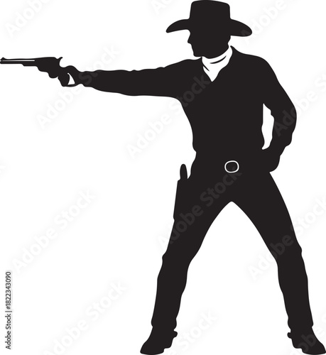 Cowboy silhouette aiming classic revolver, wild west lawman ready to draw, iconic western gunfighter vector graphic