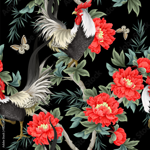 Seamless pattern with roosters and peonies flowers. Vector.