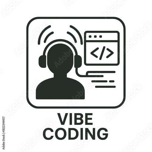 Silhouette of person in headphones coding with music, minimalist icon labeled “Vibe Coding” in black and white