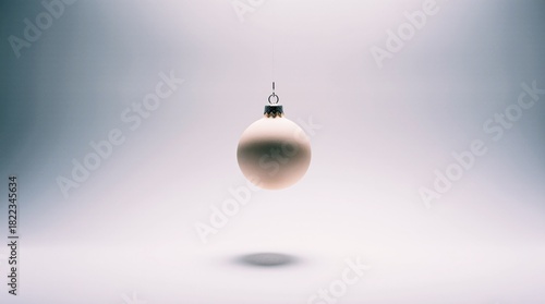 Minimalist matte cream Christmas bauble hanging with shadow on white background