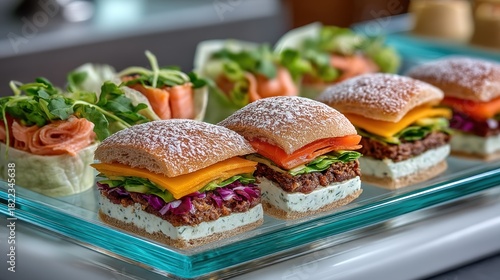 Assorted gourmet sandwiches and wraps displayed on a glass platter, showcasing a variety of fillings and textures.