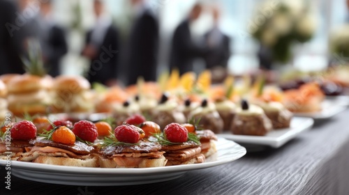 Delicious appetizers arranged on a buffet table, featuring various delectable snacks, and a blurred background of people enjoying a catered meal.
