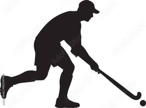 Dynamic silhouette of a male field hockey player in action, dribbling the ball with his stick on a clean background, representing sports.