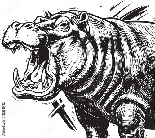 Powerful hippopotamus with open mouth and impressive tusks, detailed linocut illustration capturing raw strength and wildlife spirit.