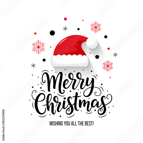 Merry Christmas calligraphy phrase with Santa Hat. Festive Holiday Greeting Card Design in Red, Black, and White. Vector illustration.
