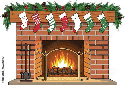 Christmas fireplace with burning fire, stockings hanging from mantelpiece decorated with evergreen garland