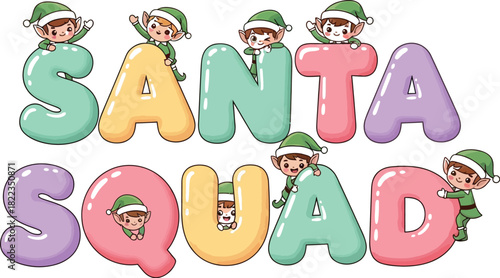 Cute cartoon santa squad text made of colorful inflatable balloon letters with small elf character sitting top