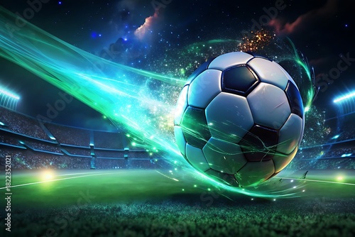 Dynamic Soccer Ball In Neon Stadium Lights With Glowing Trails And High-Energy Action

