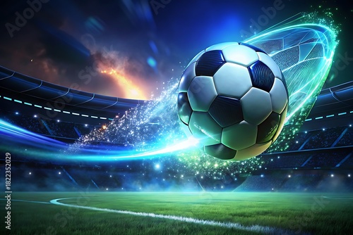 Dynamic Soccer Ball In Neon Stadium Lights With Glowing Trails And High-Energy Action

