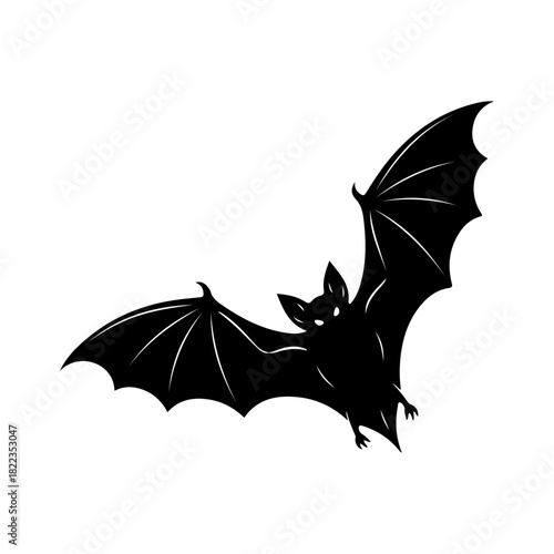 Black silhouette of a bat in full flight with spread wings, nocturnal animal or vampire symbol design, isolated dark graphic element on white, vector illustration.