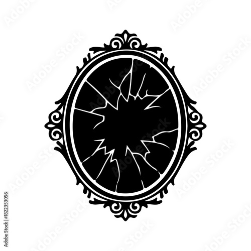 Ornate black silhouette frame with a broken, shattered mirror inside, symbolizing a curse, damaged soul, or fractured reality, dark design on white, vector illustration.