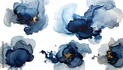 Abstract Ink Blot Collection in Moody Blues and Greys cut out