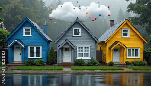 Fototapeta Naklejka Na Ścianę i Meble -  Three colorful houses stand side-by-side under a rainy sky with balloons floating above. The wet street reflects the cheerful but stormy weather. Each home offers a distinct facade.