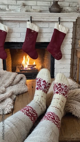 Cozy Winter Relaxation by Fireplace with Warm Wool Socks