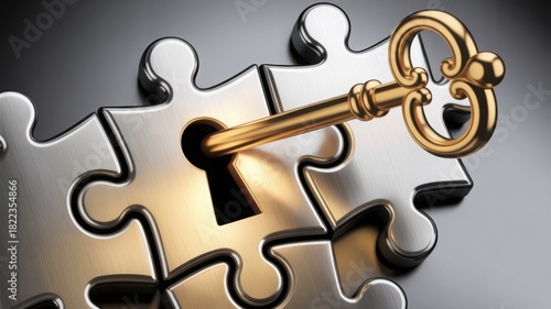 A golden key unlocking the puzzle pieces, symbolizing solution and success