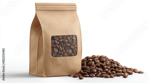 Brown Kraft paper bag mockup with coffee beans visible through a window. Packaging template on white background.