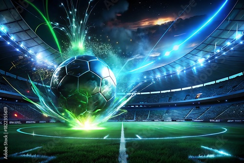Dynamic Neon Soccer Ball Strike in Futuristic Stadium Under Night Sky Lights

