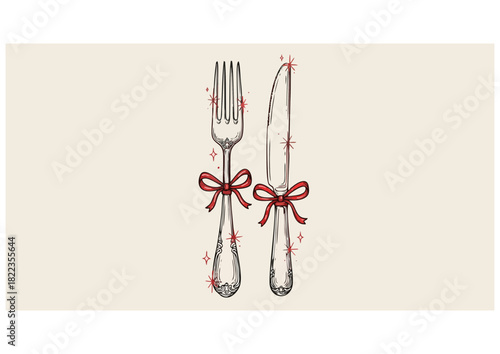 Black silhouette of fork and knife on white background for dining and culinary concept