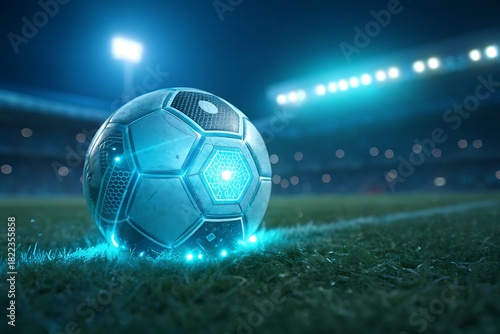 Blue Neon Soccer Ball On Night Stadium Field Under Bright Floodlights

