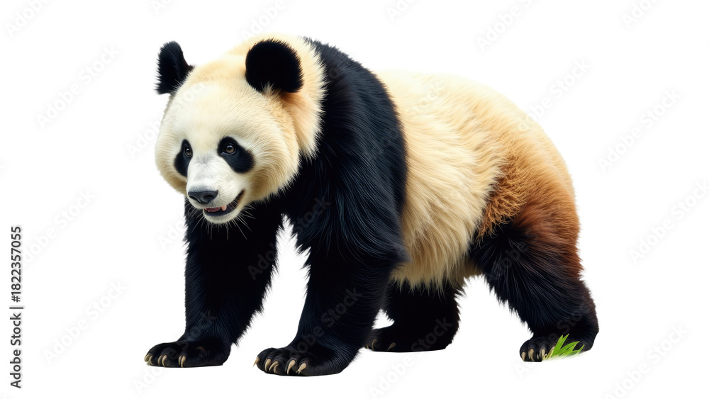 Fototapeta premium Close-up shot of a panda bear sitting on a white background, looking directly at the camera