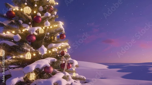 Snowy Christmas Tree at Sunset Winter Landscape
