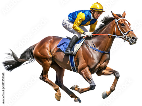Jockey in yellow and blue silks, riding a galloping brown racehorse with a flowing mane, cutout, PNG, isolated on white or transparent background, AI