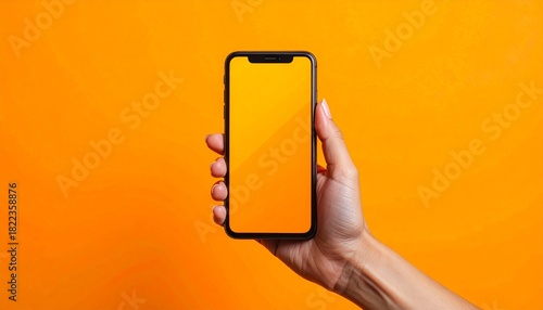 Hand holding smartphone against bright orange background with an empty orange screen and placeholder design. Ideal for showcasing mobile apps, UI/UX concepts, and digital branding presentations.