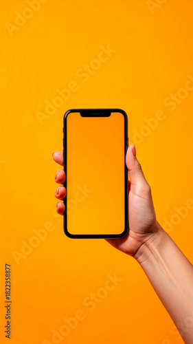 Hand holding smartphone against bright orange background with an empty orange screen and placeholder design. Ideal for showcasing mobile apps, UI/UX concepts, and digital branding presentations.