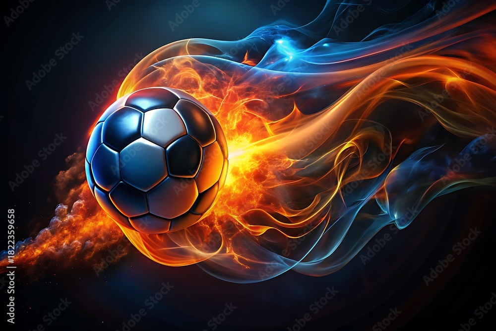 Fototapeta premium Dynamic Flaming Soccer Ball In Motion Across A Dark, Energetic Background
