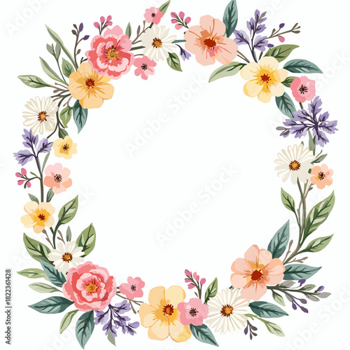 A beautiful watercolor floral wreath illustration featuring a variety of blooming flowers and greenery in pastel colors, perfect for invitations and decorations