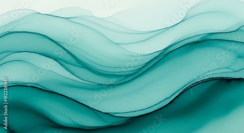 Fototapeta Naklejka Na Ścianę i Meble -  Abstract teal ink wash background with flowing waves and subtle texture