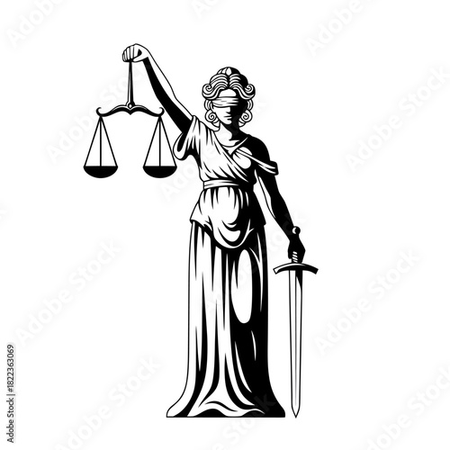 Symbolic representation of justice with scales and sword, embodying fairness, law, and balance in a classic vector illustration style suitable for legal services and ethical principles